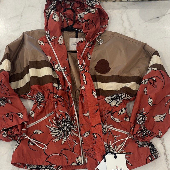 Moncler Women's Red and Brown Floral Ski Jacket - Picture 1 of 5